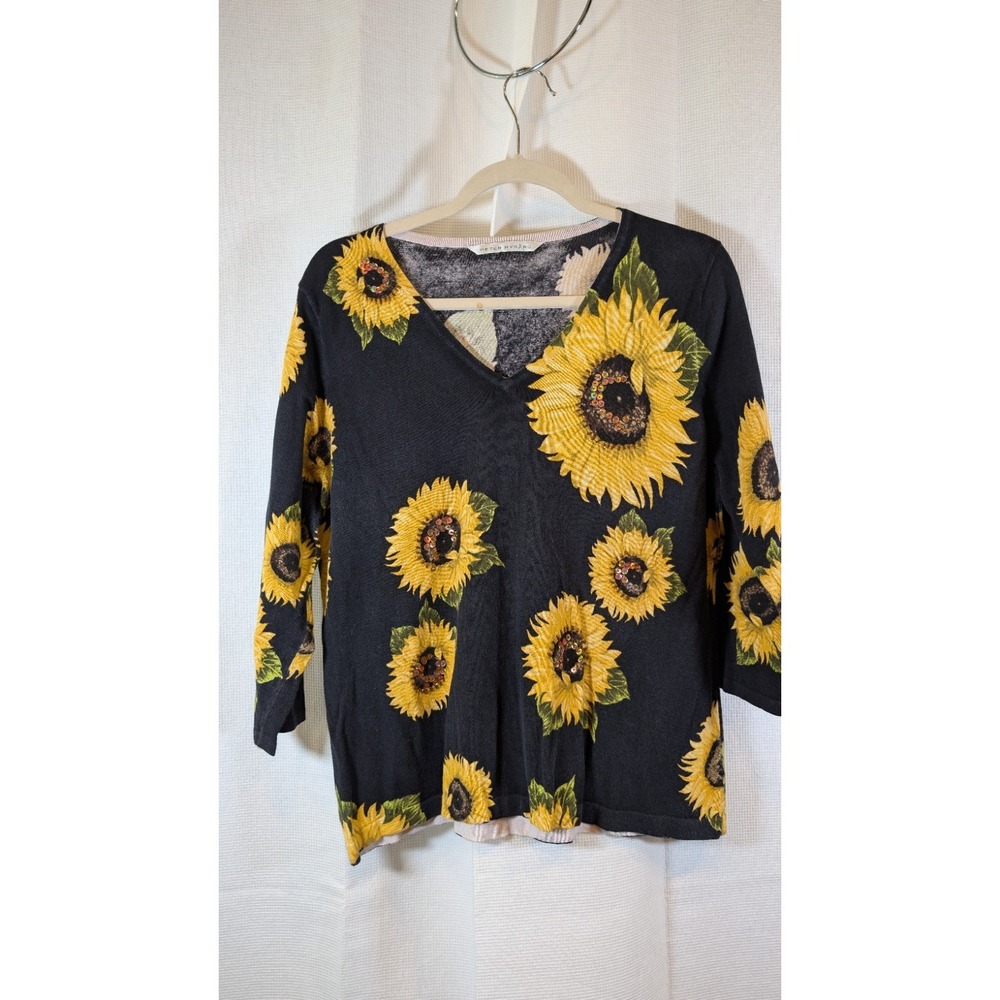 Peter Nygard Sunflower Print V-Neck Top Blouse 3/4 Sleeve Black Yellow Large